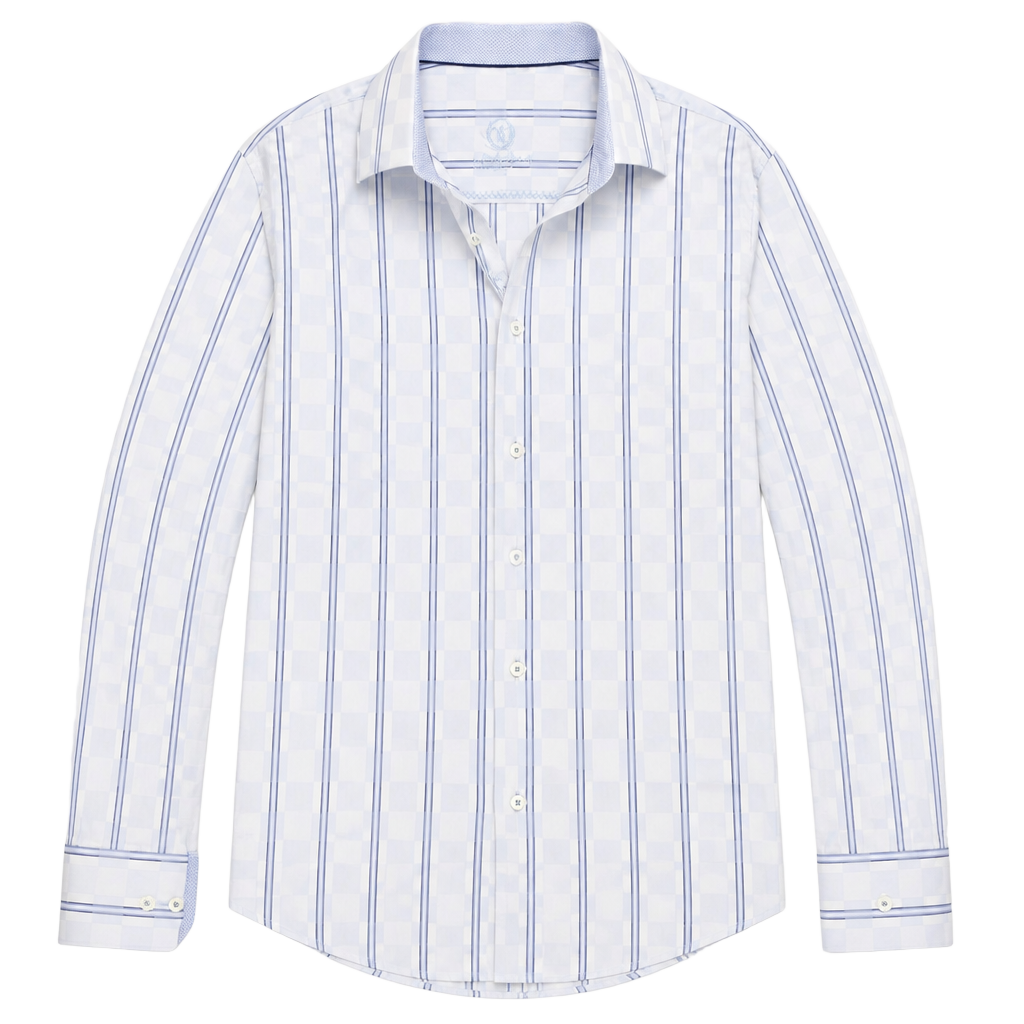 Bugatchi Uomo Shaped Fit Blue Striped Checkered Long Sleeve Shirt Size Large 1