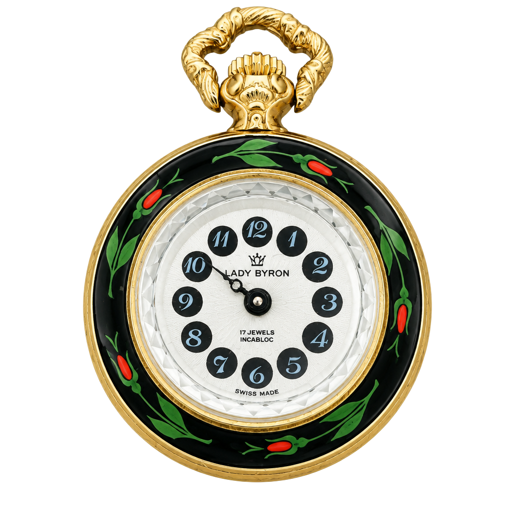 Lady Byron 17 Jewels Incabloc Swiss Made Pendant Watch Enamel Floral 1