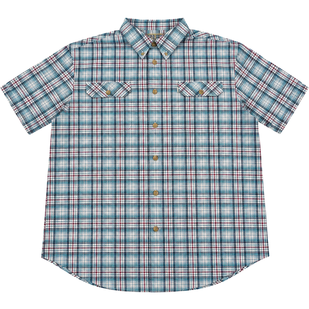 Duluth Trading Co Plaid Button Up Shirt Size 2XL Blue White Red Short Sleeve 1