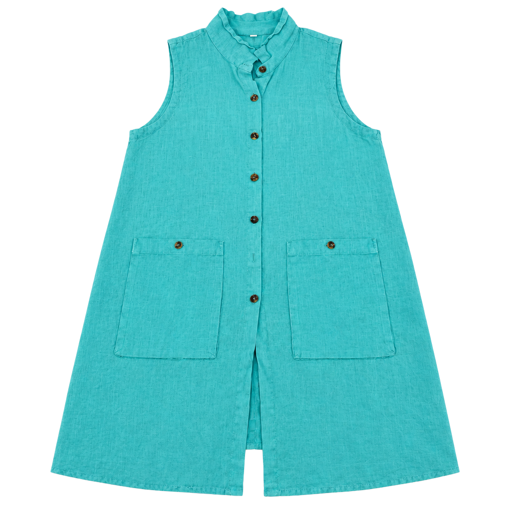 Kleen Linen Dress Size S Turquoise Sleeveless Button Front Pockets 1