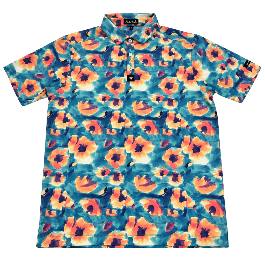 Rare Bad Birdie Golf Polo Shirt Size L Blue Orange Floral Print 1