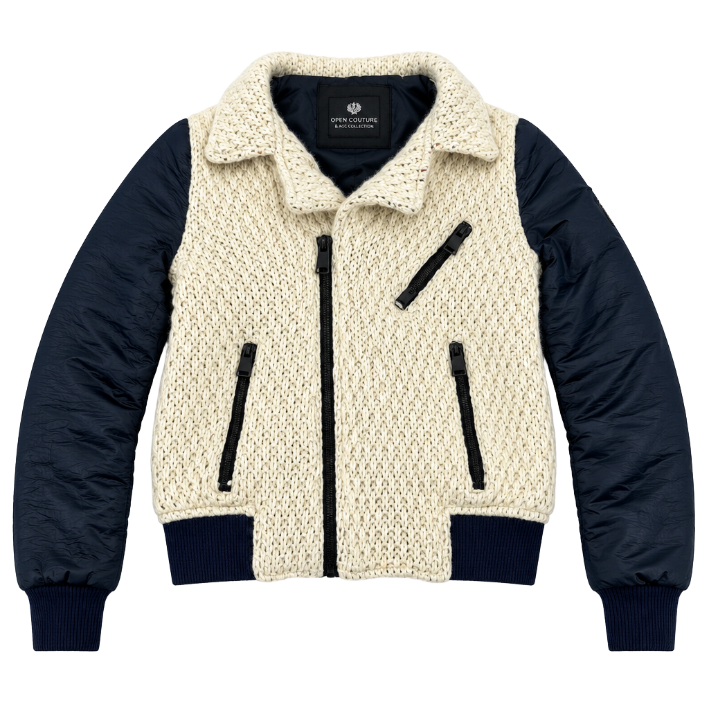 Open Couture Black Collection Cream and Black Knit Sherpa Aviator Jacket Size S 1