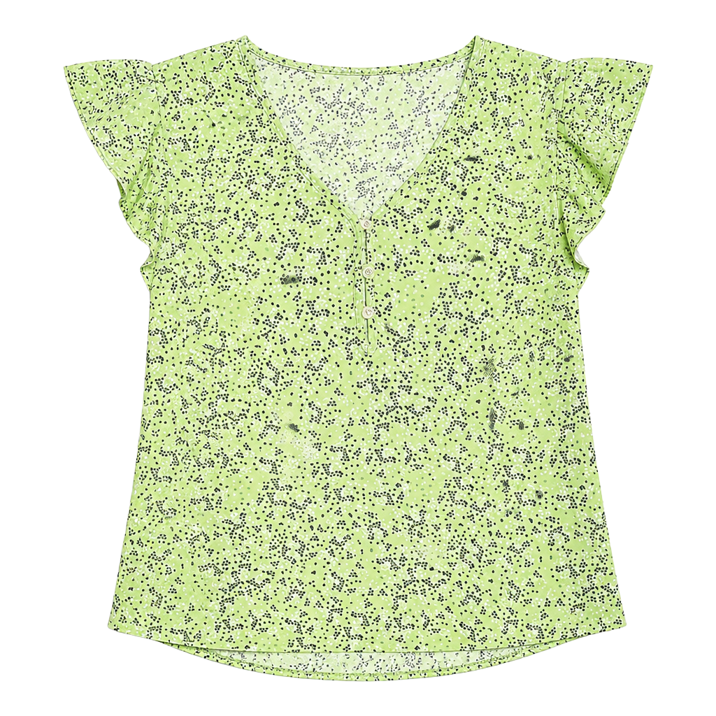 Anne Klein Women's Light Green Printed Flutter Sleeve Blouse with Gold Buttons 1