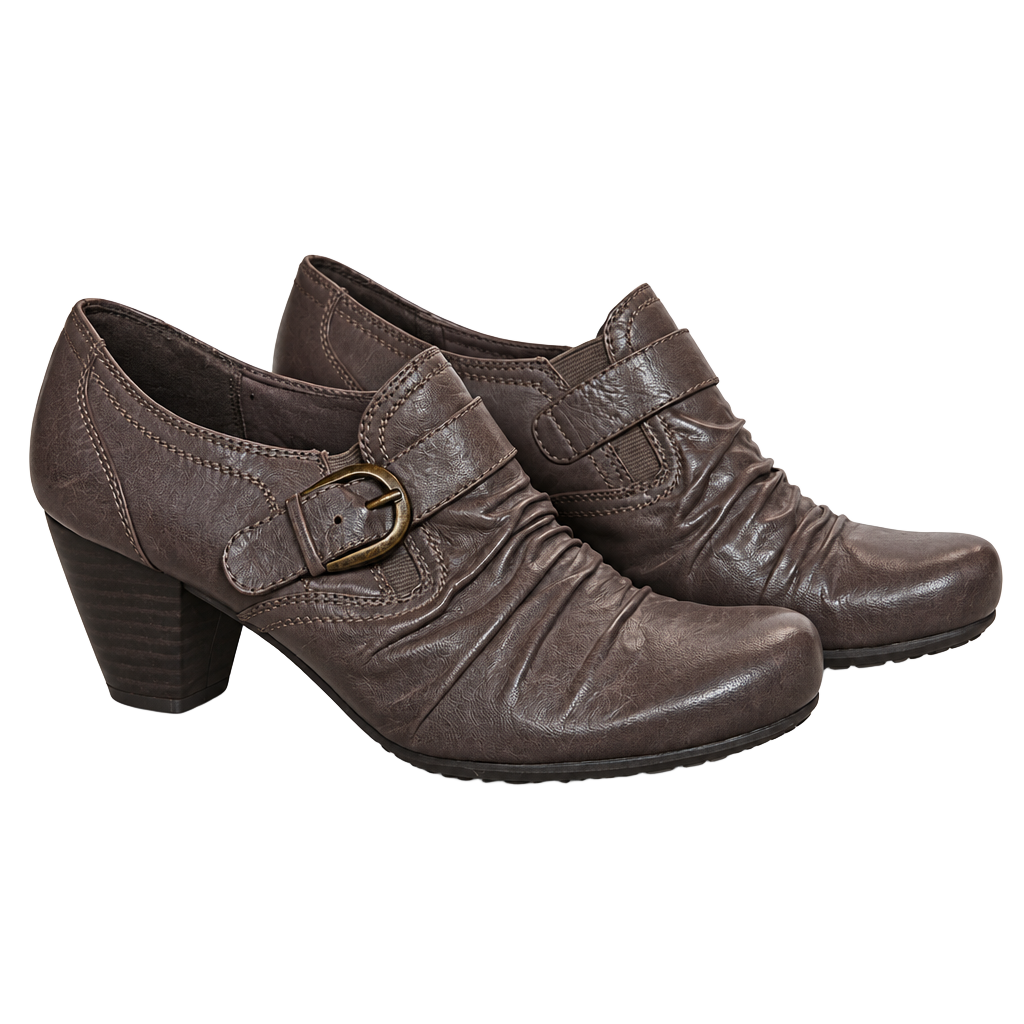 Bare Traps Heeled Booties Brown Ruched Buckle Shoes 1
