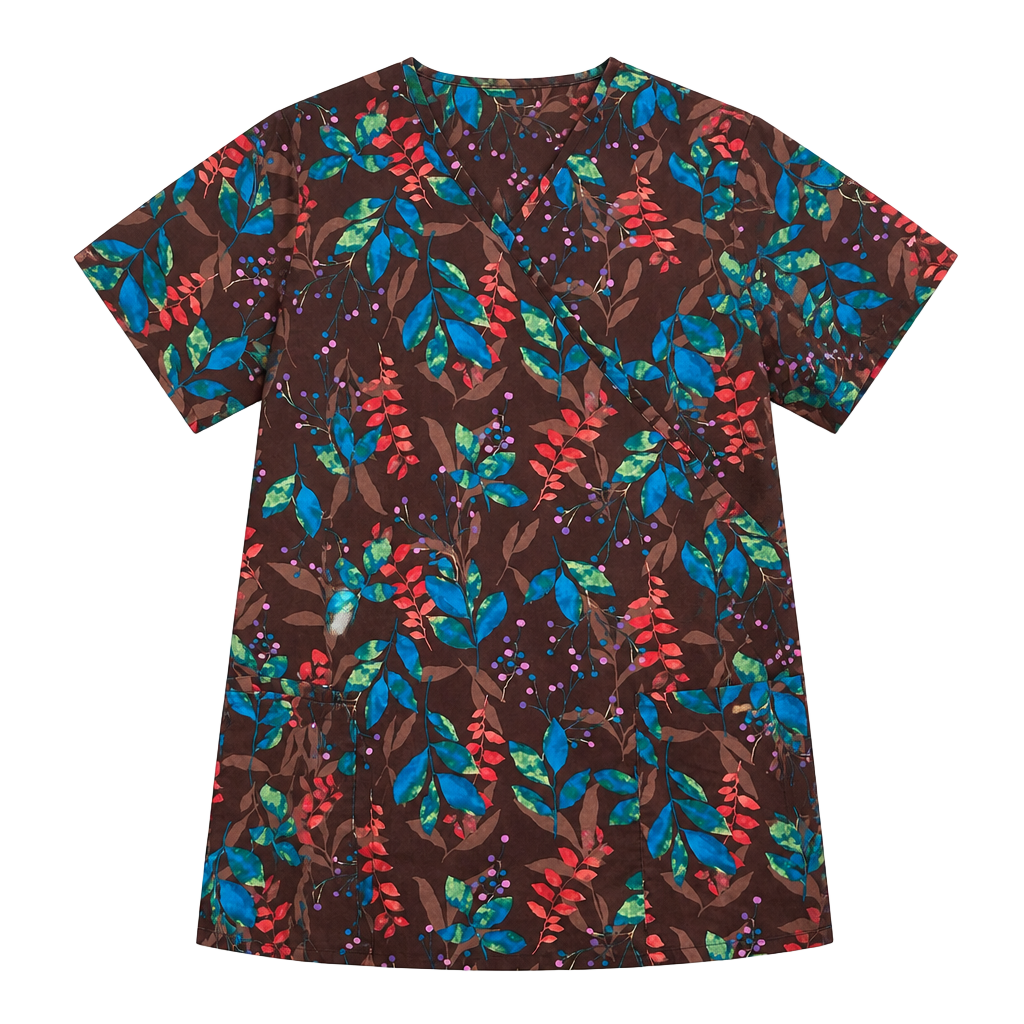 Fall scrub top brown floral leaf v neck 1