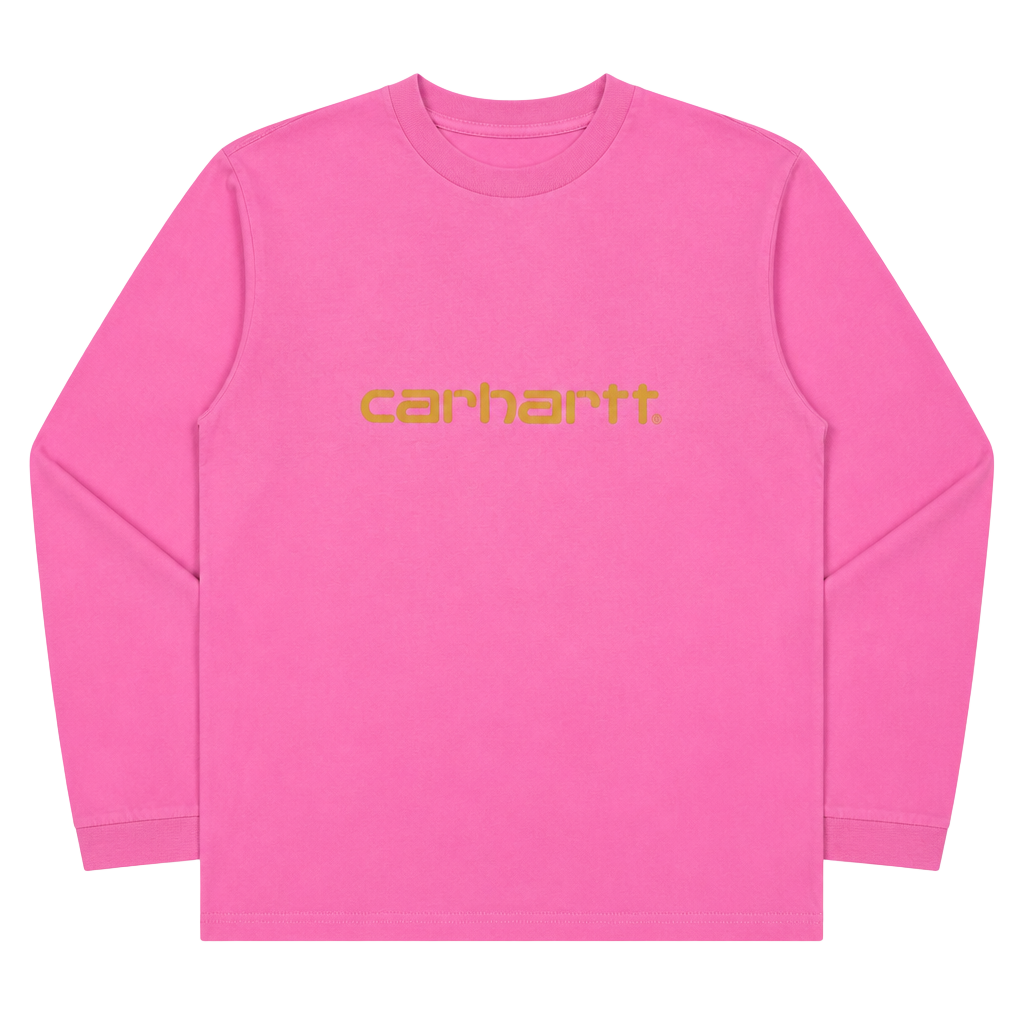 Vintage Carhartt Women's Long Sleeve Graphic Logo T-Shirt in Pink 1