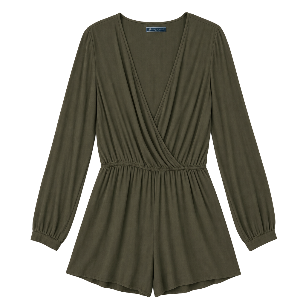 Shore Solid Lindsey Long Sleeve Romper Juniper Green Size L 1