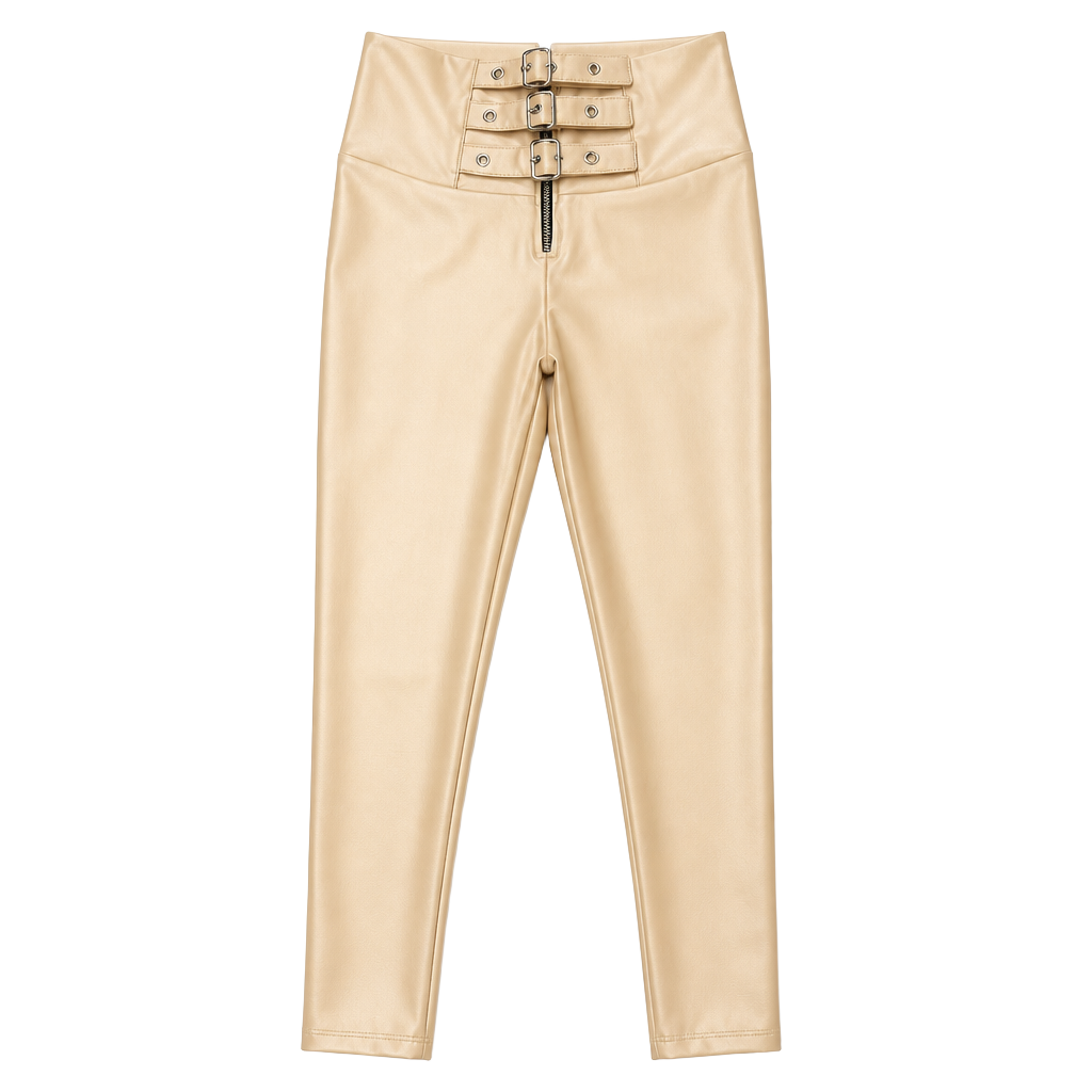 Omoida Work For It High Waisted Metallic Gold Faux Leather Buckle Leggings 1