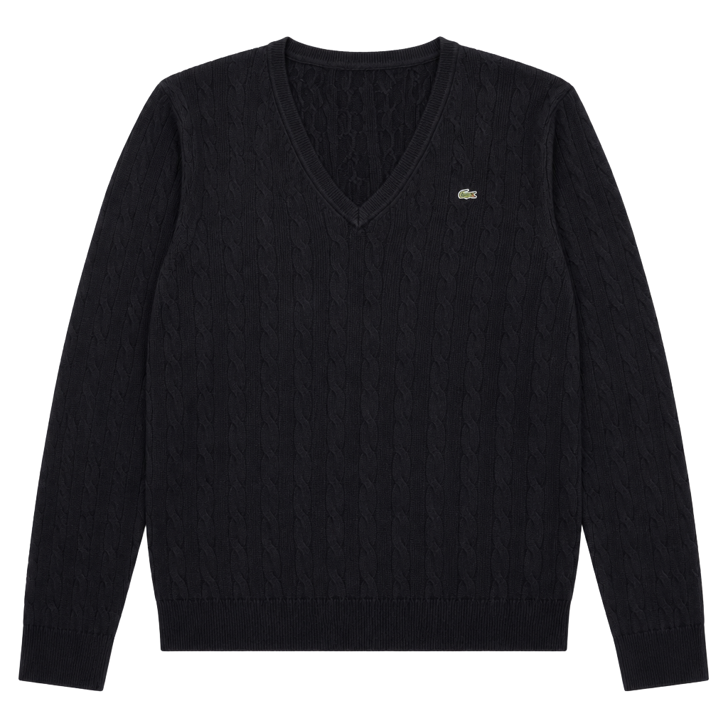 Lacoste Black V-Neck Cable Knit Cotton Sweater 1
