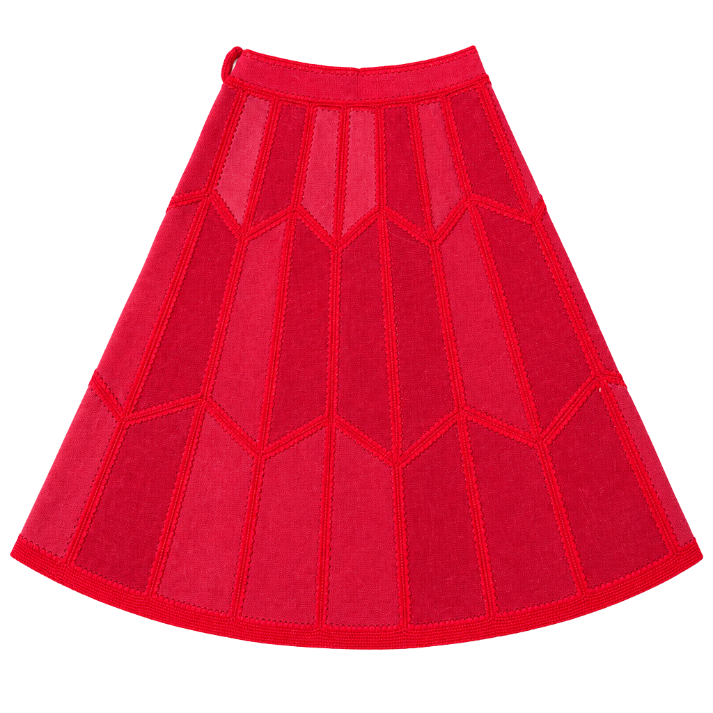 Vintage Red Suede Geometric Embroidered Midi Skirt 1