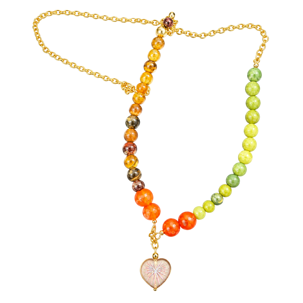 Handmade Autumn Fall Gemstone Beaded Heart Pendant Necklace 1