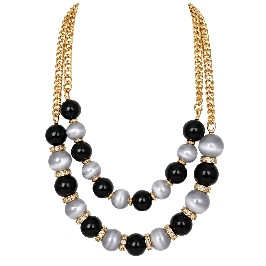 Talbots Double Strand Beaded Necklace Black Gray Gold Tone 1