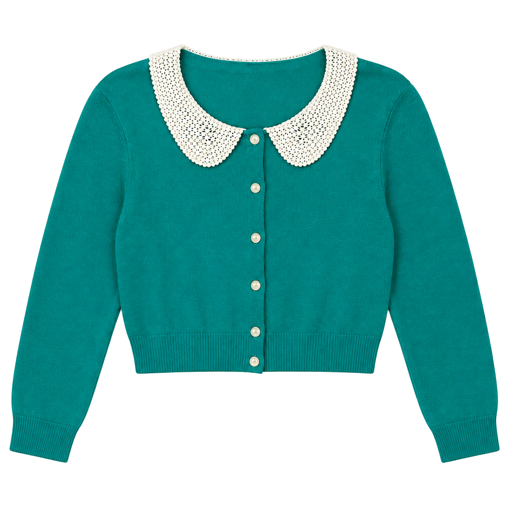 ModCloth Crop Cardigan Size L Teal Crochet Collar Sweater 1