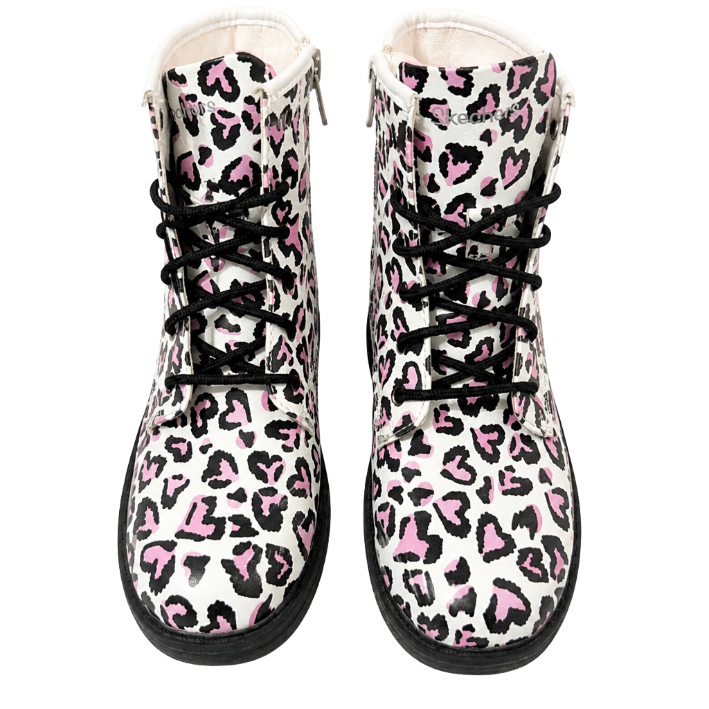 Skechers Gravlen Ankle Boots Size 3 White Pink Leopard Heart Print 1