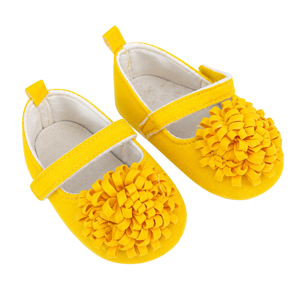 Launch Yellow Lulu Flower Pom Pom Baby Girl Flat Crib Shoes 1