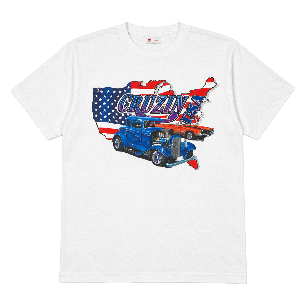 Hanes Cruzin USA Graphic T-Shirt XL White Hot Rod American Flag 1