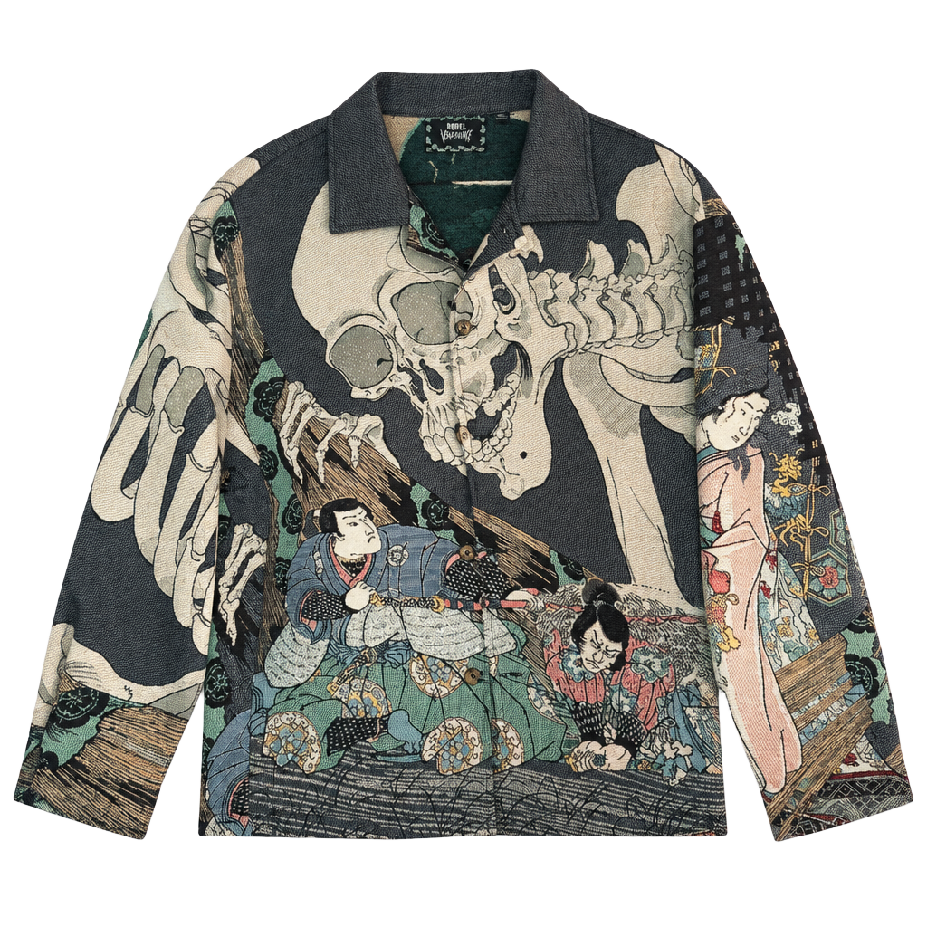 Rebel Vengeance Tapestry Jacket Size M Japanese Samurai Skull 1