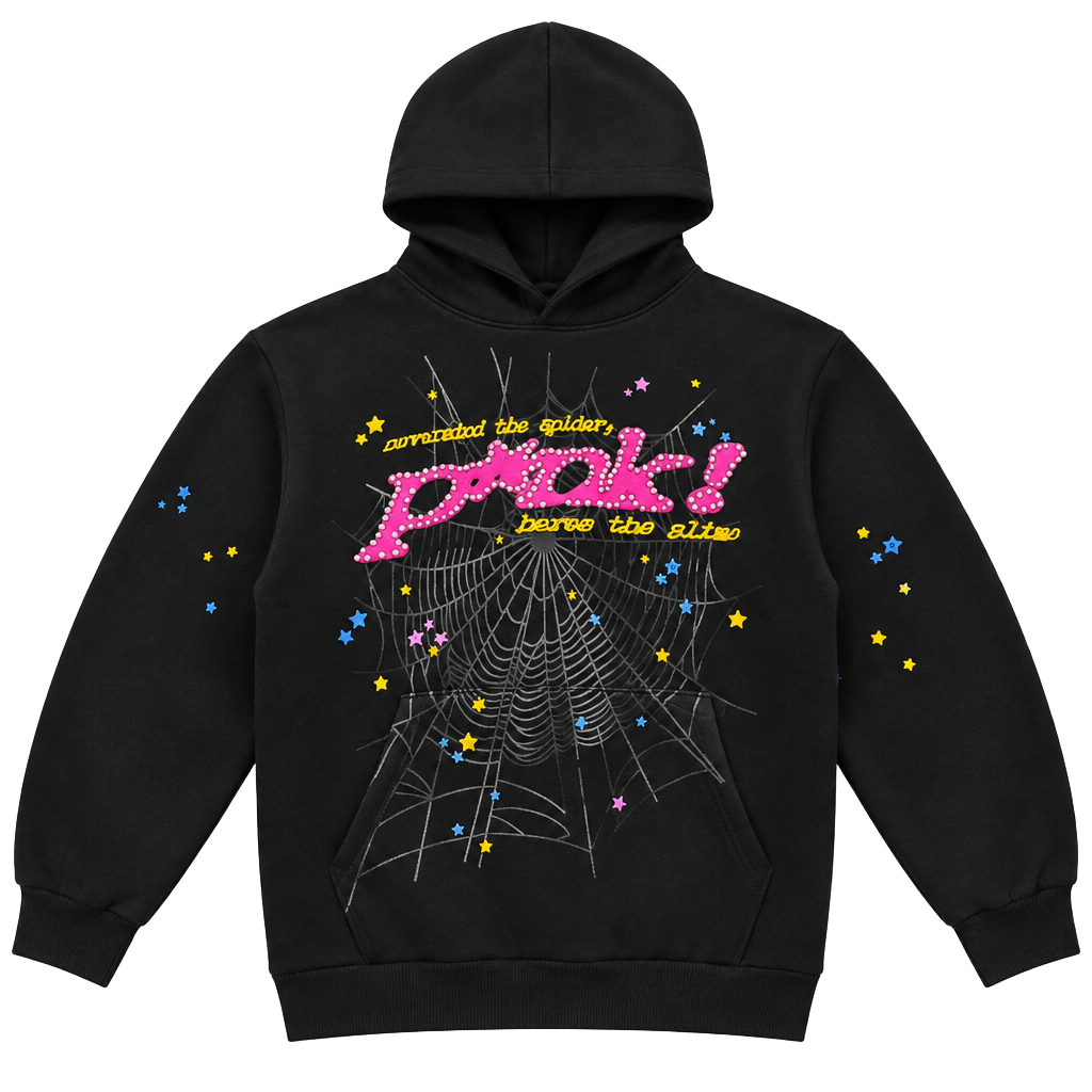 Sp5der Pink Web Hoodie Black 1