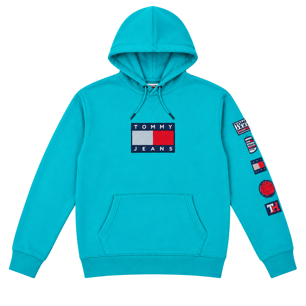 Tommy Jeans Hoodie Size L Teal Logo Sleeve Patches Sport Tech 1