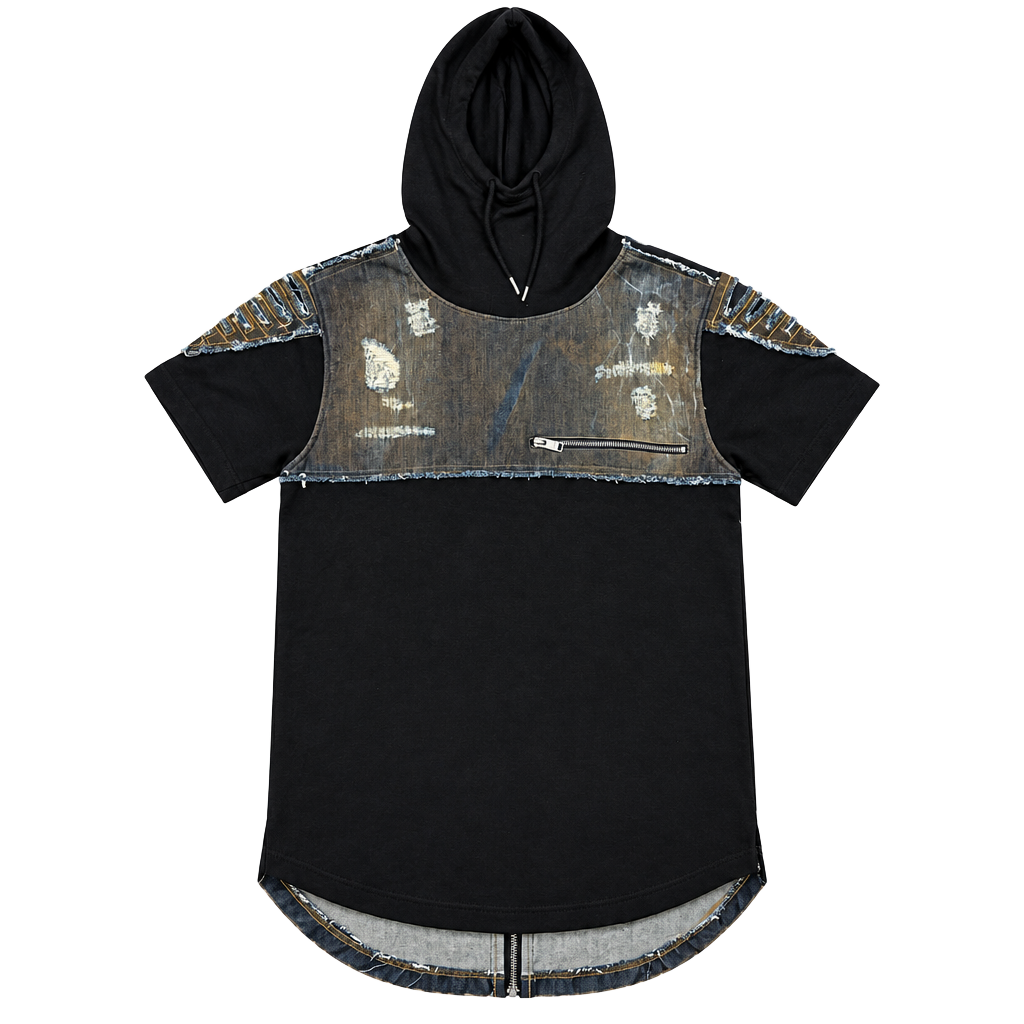 Copper Rivet Short Sleeve Hoodie Size S Black Denim Patchwork 1