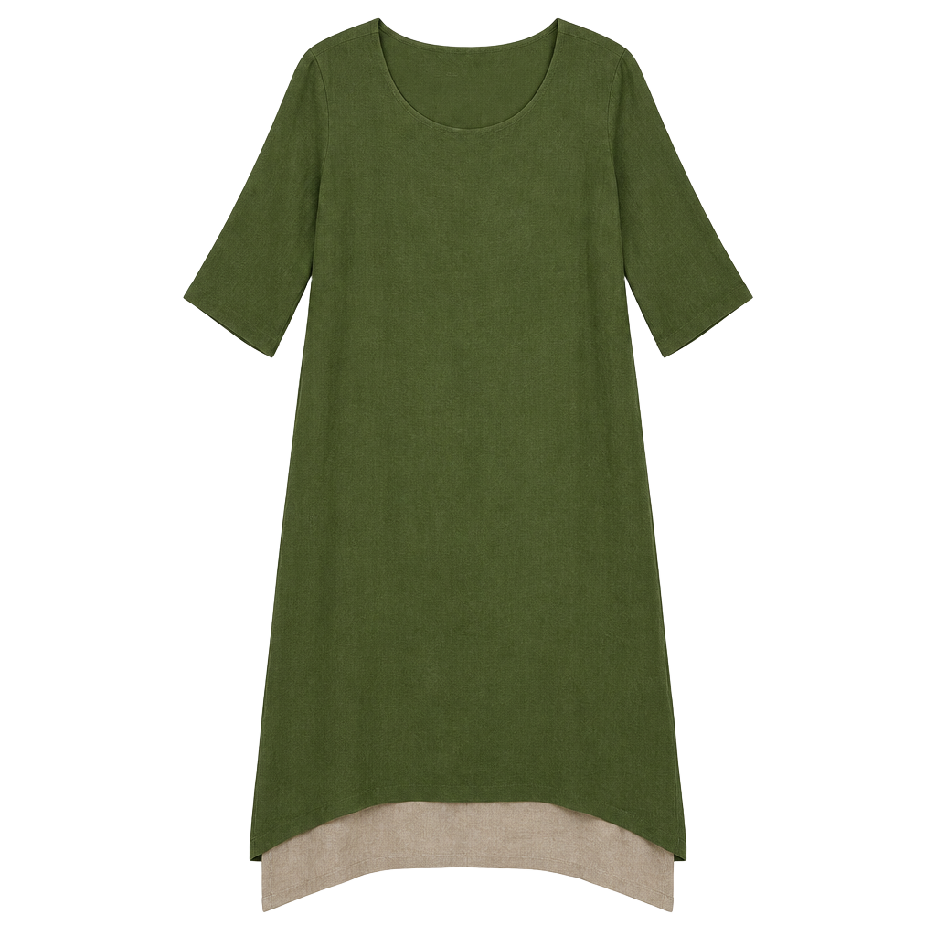 Women's Olive Green and Beige Cotton Linen False Two-Piece Maxi Dress 1