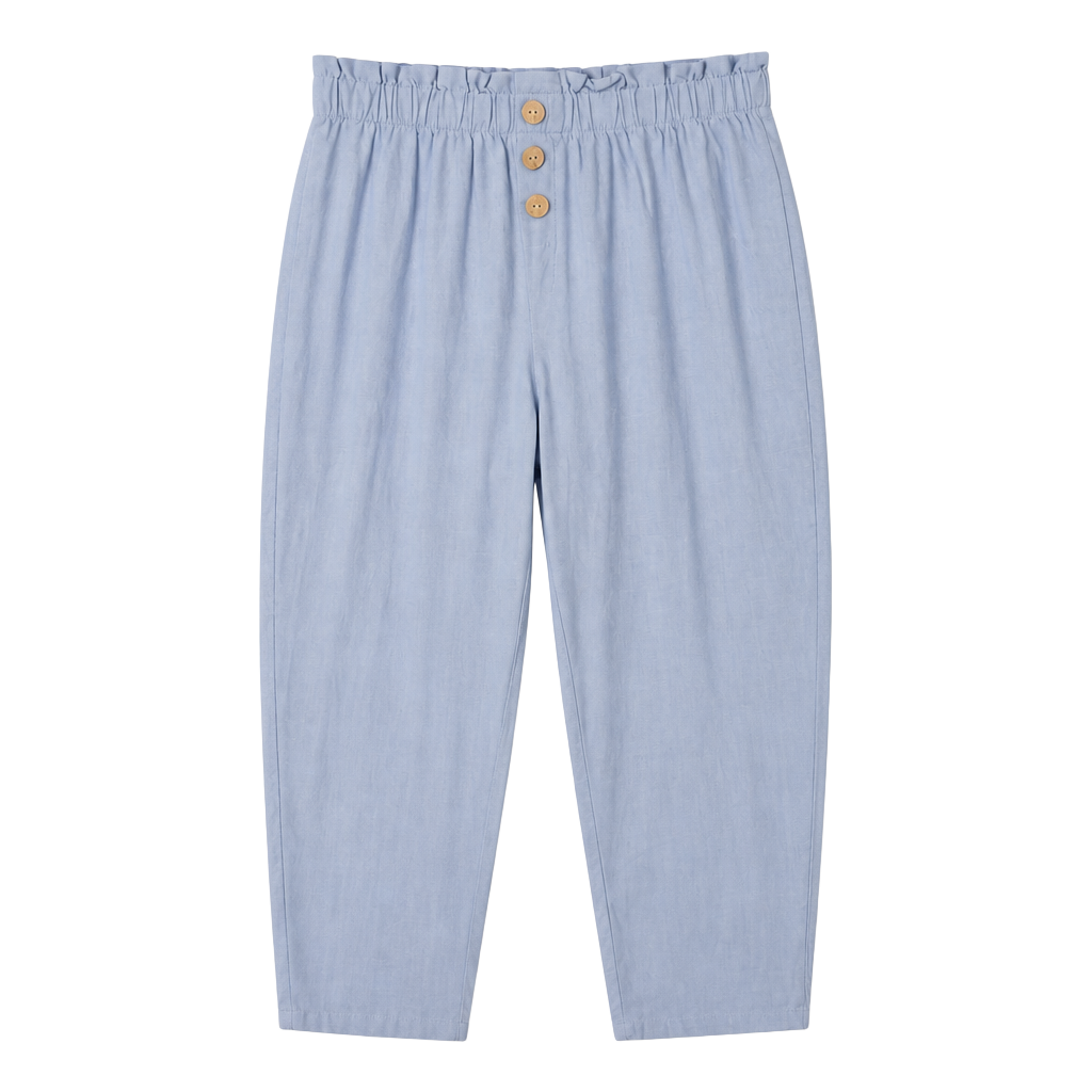 Como Vintage Paperbag Waist Linen Blend Button Fly Pants in Light Blue 1