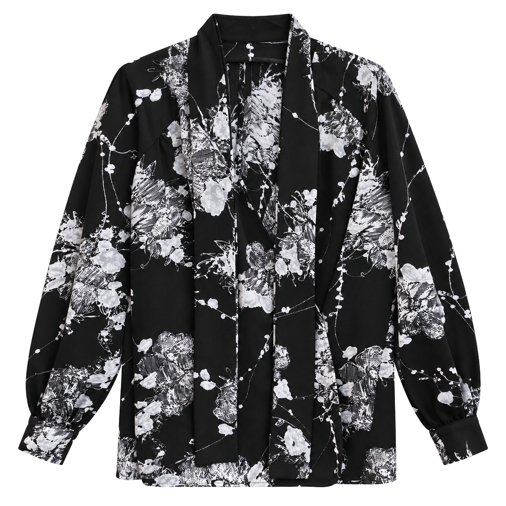 JM Collection Floral Print Tie Neck Blouse Black White 1