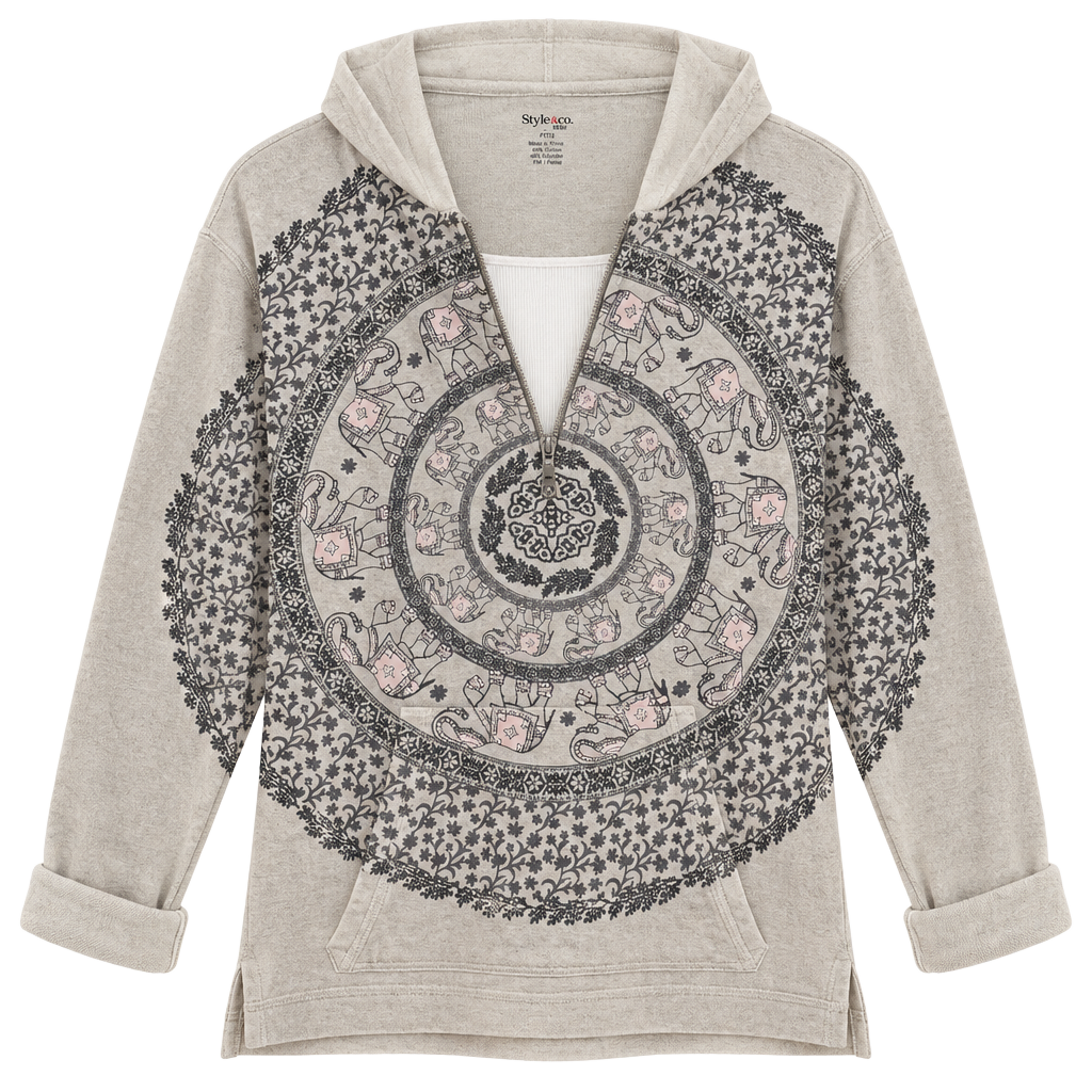 Style & Co. Petite PL Hoodie Elephant Mandala Graphic Gray Long Sleeve 1