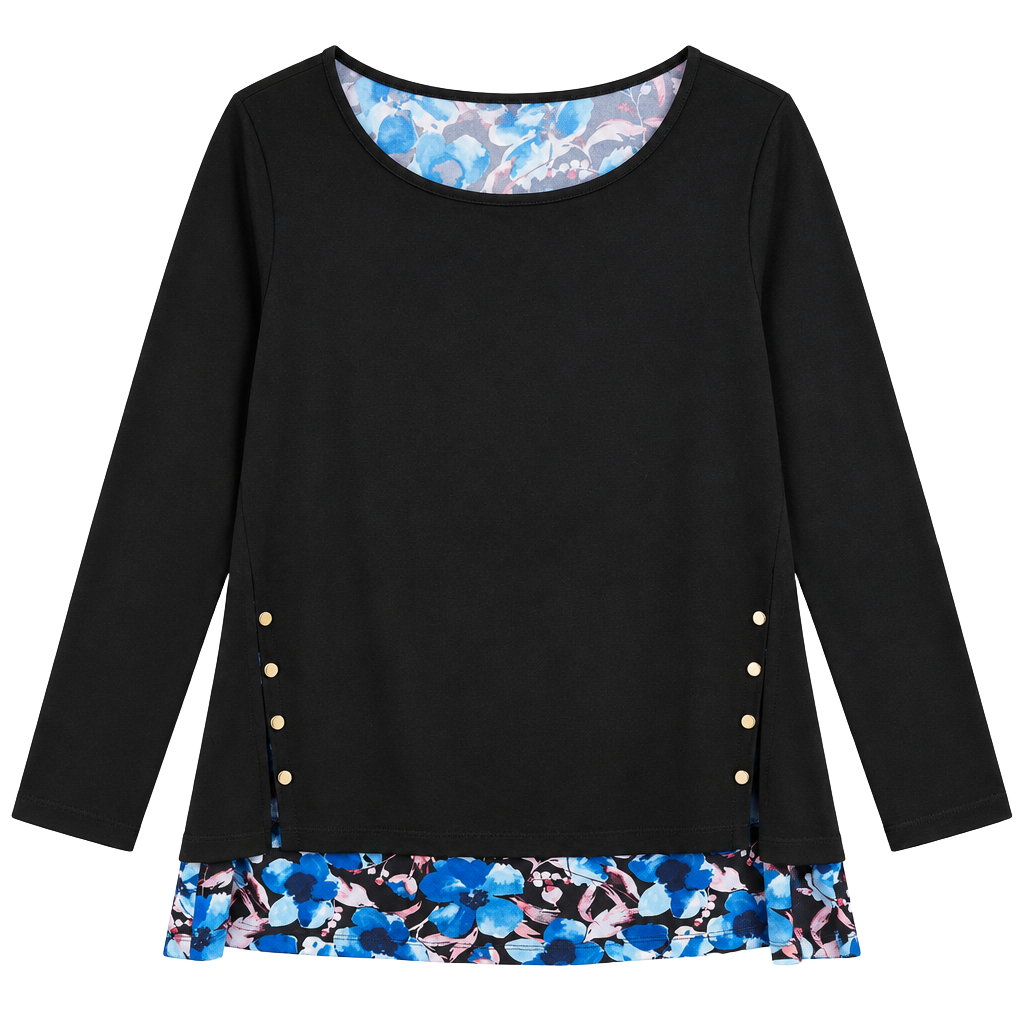 Susan Graver Long Sleeve Layered Top Size S Black Blue Floral 1
