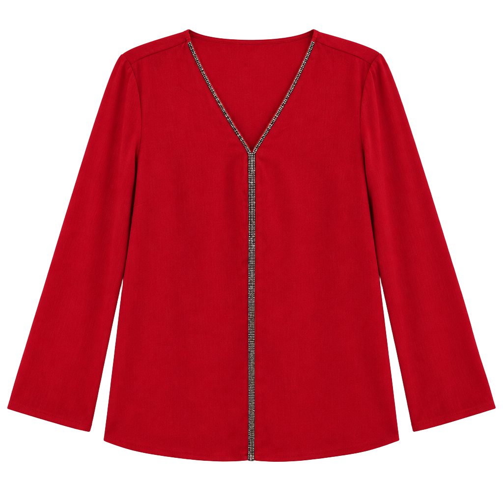 Liz Claiborne Blouse Size PM Red Rhinestone Trim Long Sleeve 1