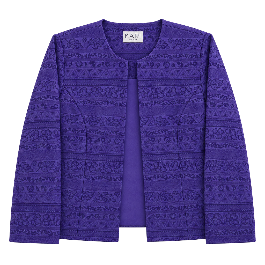 KARI New York Open Front Jacket Size 14p purple Floral Jacquard 1