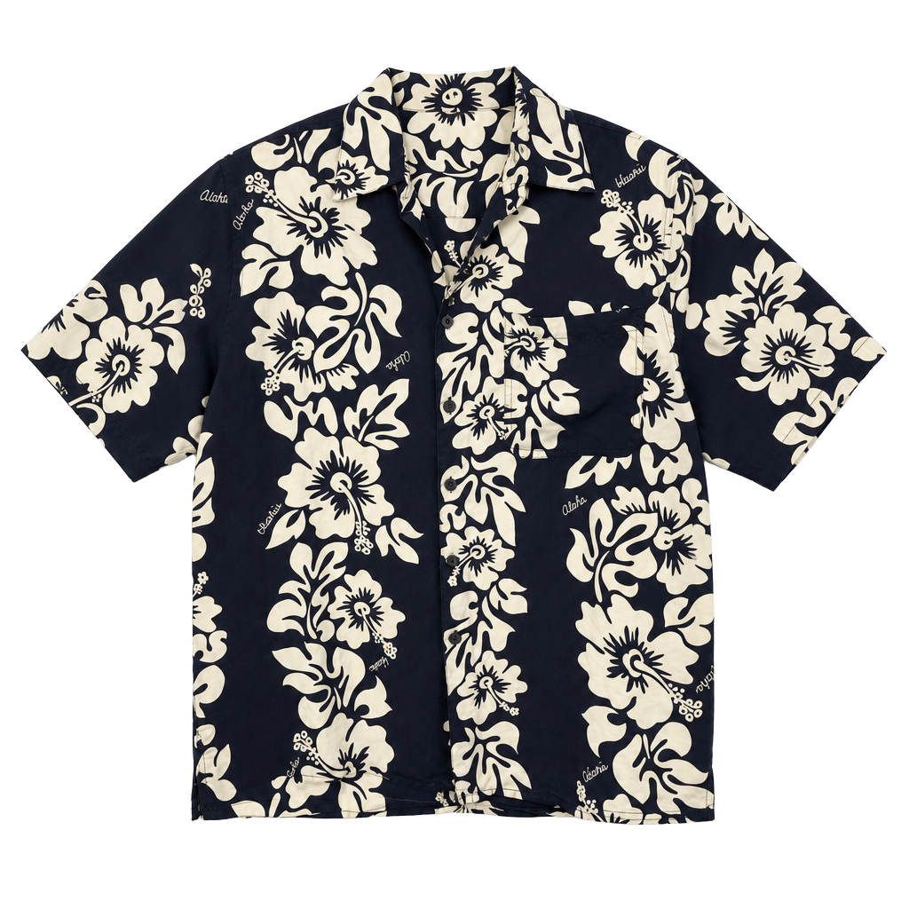 Bill Blass 100% Silk Navy and Cream Hibiscus Floral Aloha Hawaiian Button Down Shirt 1