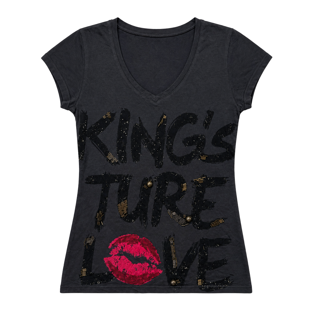 My BESTWEAR Collection King's Ture Love Embellished Graphic V-Neck T-Shirt Size M 1