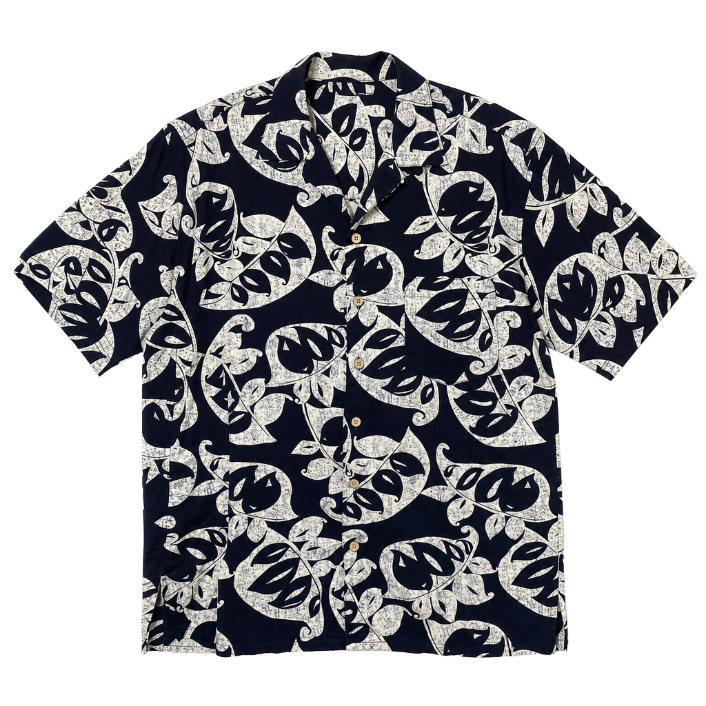 Summa Tropical Navy White Leaf Print Button Front Short Sleeve Shirt 1