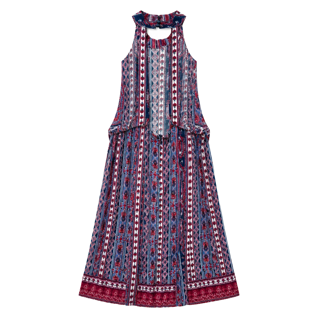 AQA Blue and Red Geometric Stripe Halter Neck Open Back Romper Dress Size Medium 1