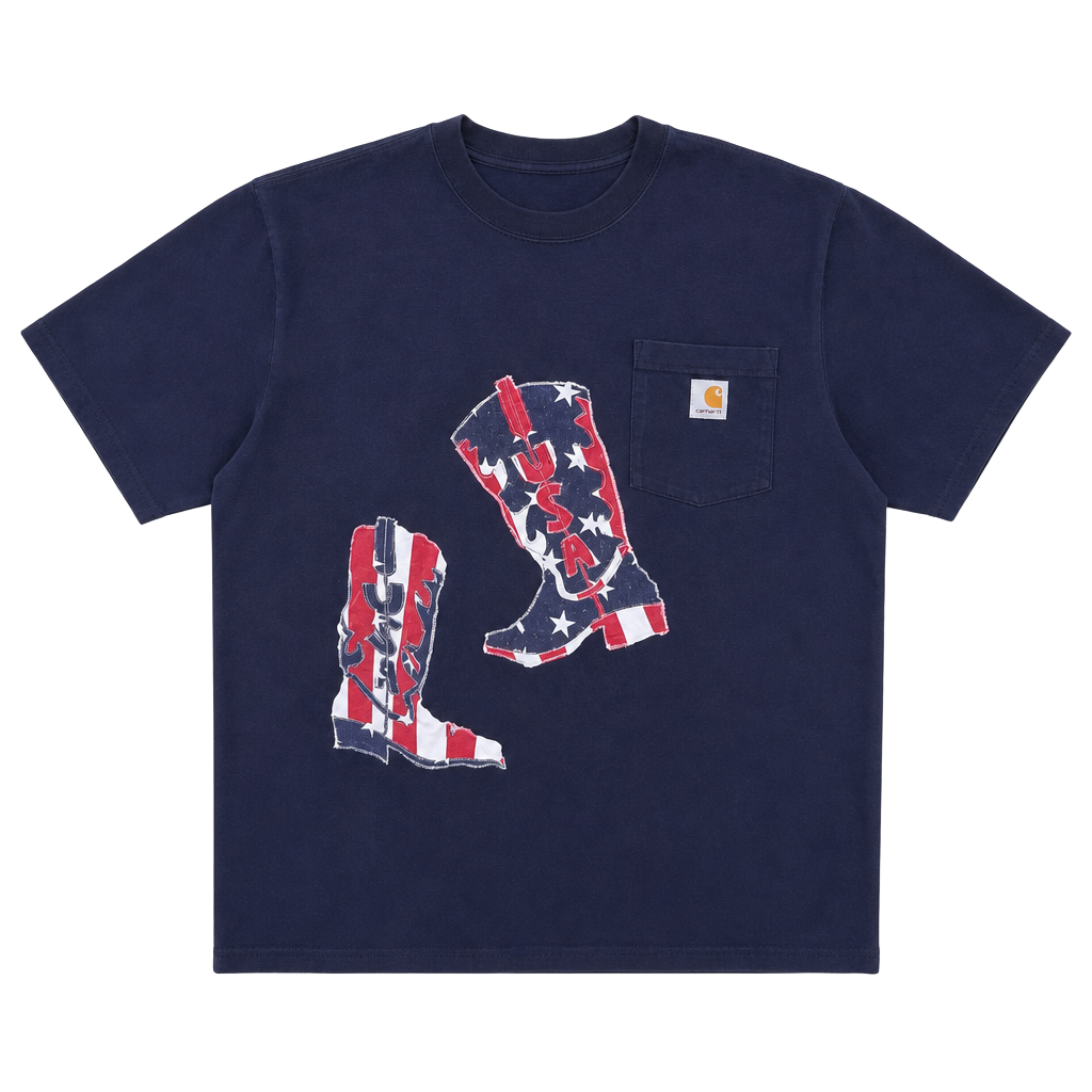 Handmade Carhartt Custom USA Cowboy Boots Applique Pocket T-Shirt 1