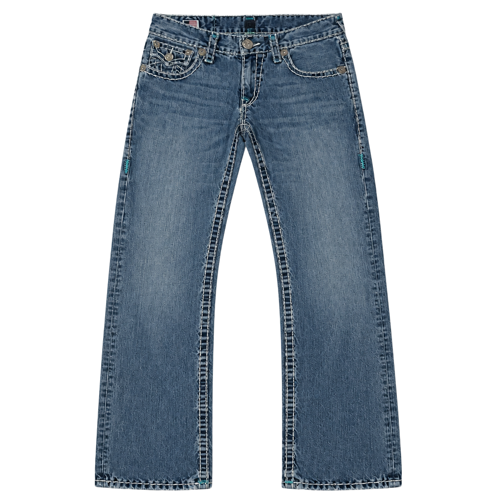 Vintage True Religion Ricky Super T Straight Leg Jeans Blue Teal Stitch Made in USA Size 33 1