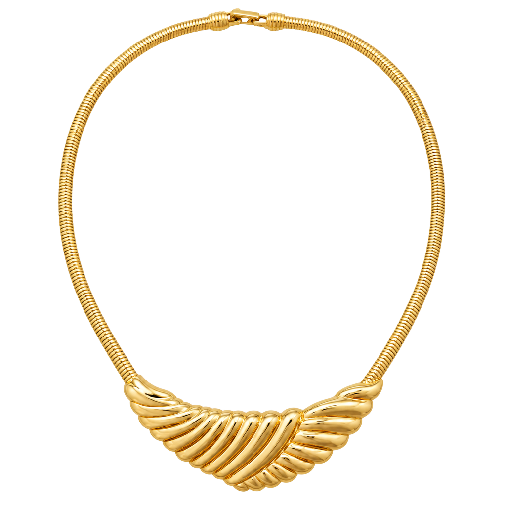 Trifari Gold Tone Ribbed Pendant Choker Necklace 1