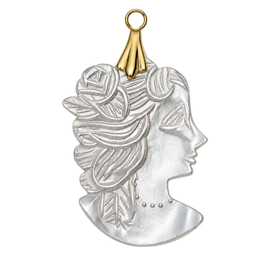 Vintage Mother of Pearl Cameo Pendant with Rose and Profile Design and Gold Tone 1