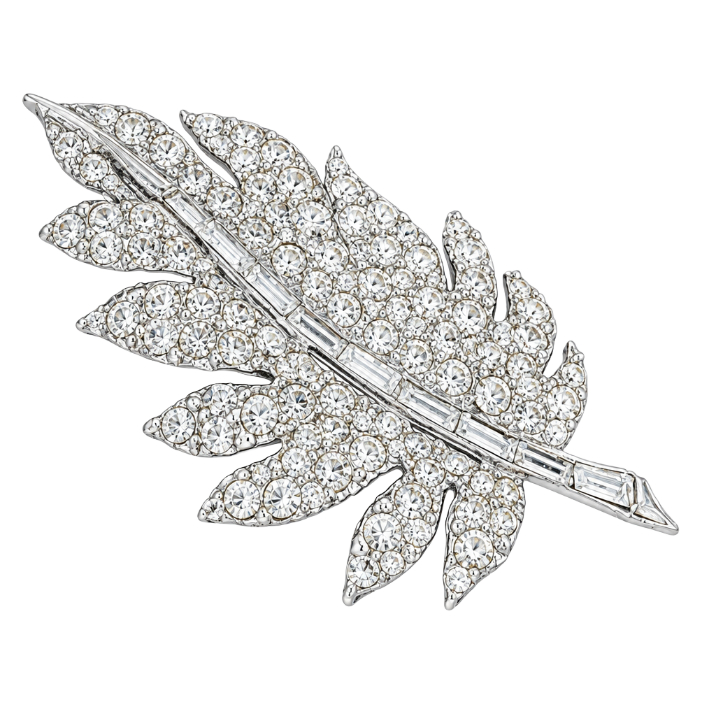 Crest Pell Vintage Rhinestone Leaf Brooch Silver Tone 1