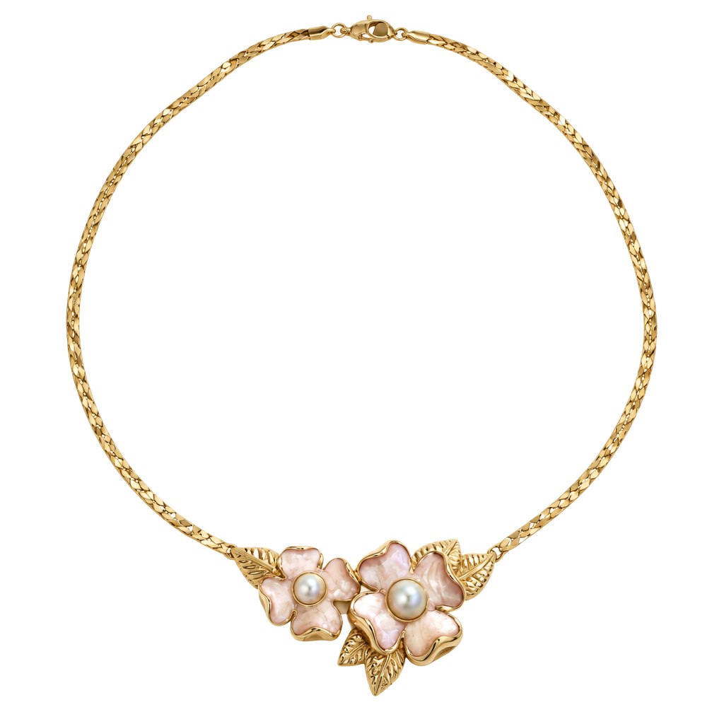 Trifari Dogwood Floral Enamel Faux Pearl Gold Tone Necklace 1