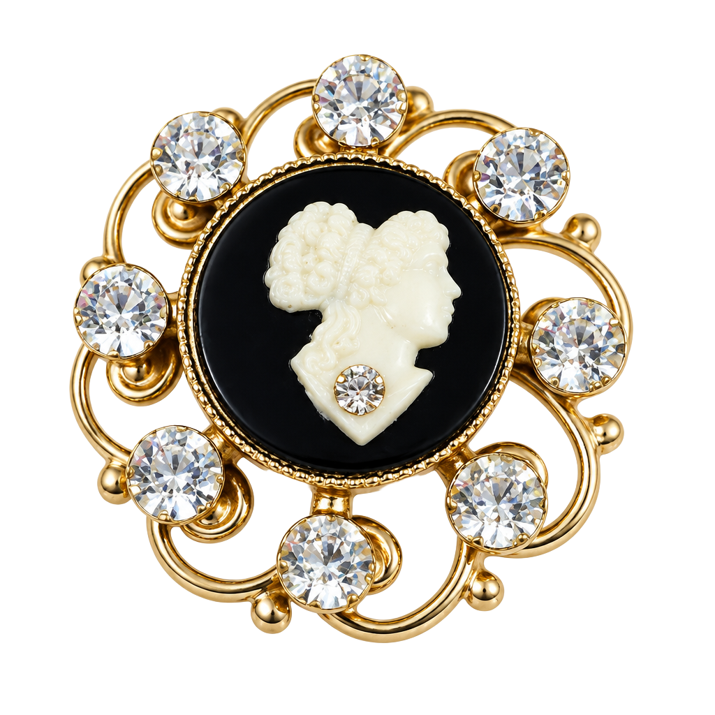 Vintage Gold Tone Cameo Brooch with Rhinestones and Black Background 1
