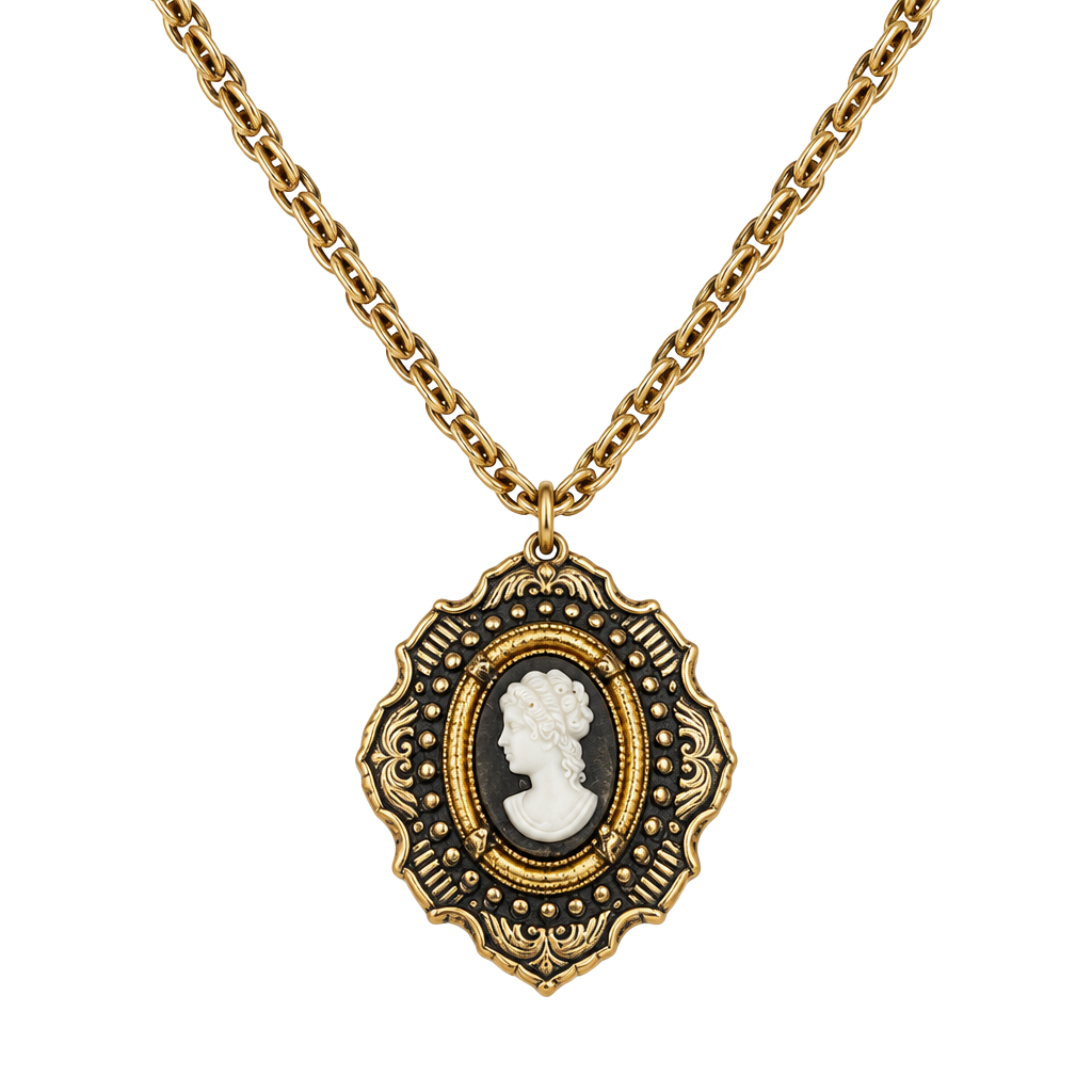 Vintage Gold Tone Black & White Cameo Pendant Necklace 1