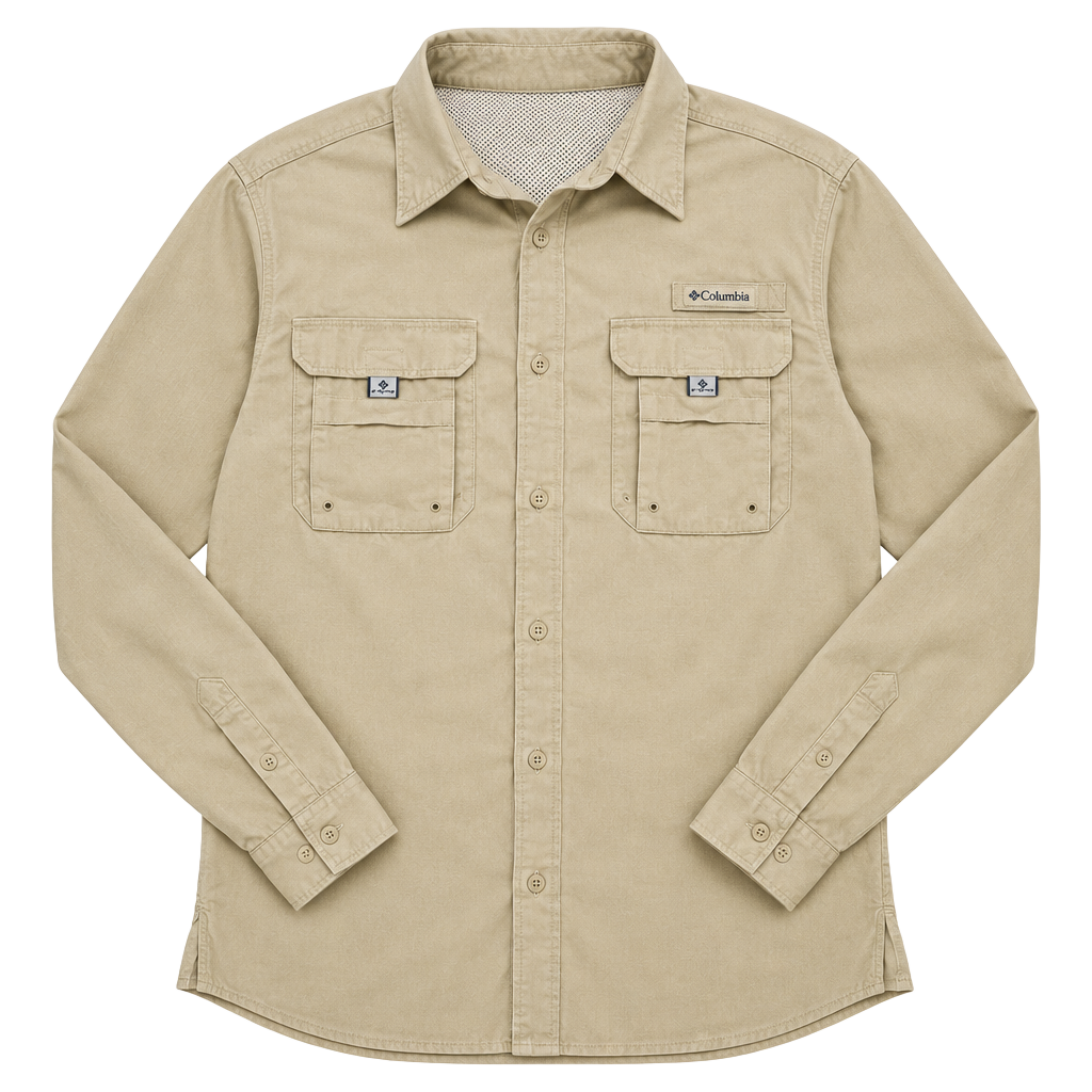 Columbia PFG Long Sleeve Fishing Shirt Size M Tan Button Down 1