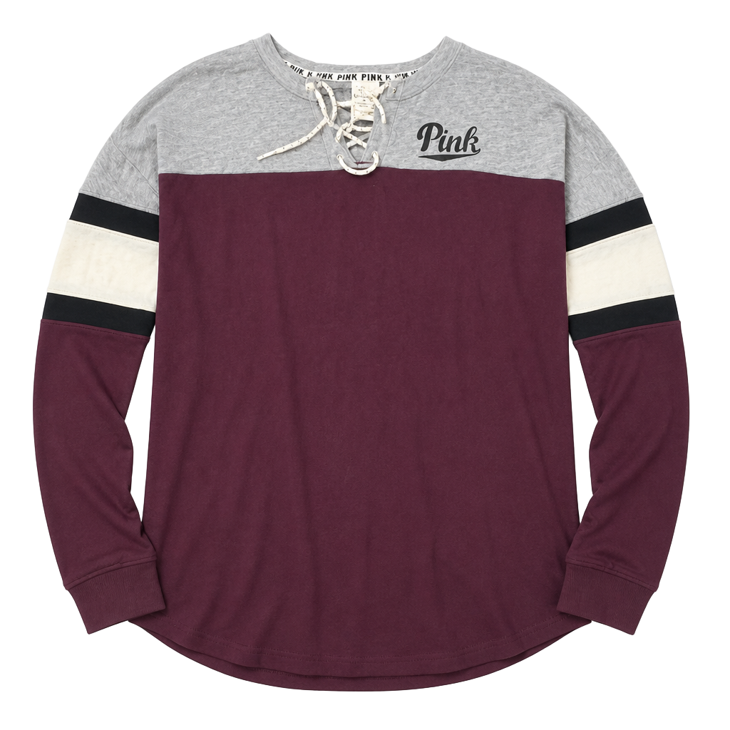 PINK Victoria's Secret Long Sleeve Lace-Up Shirt Size XS Gray Maroon 1