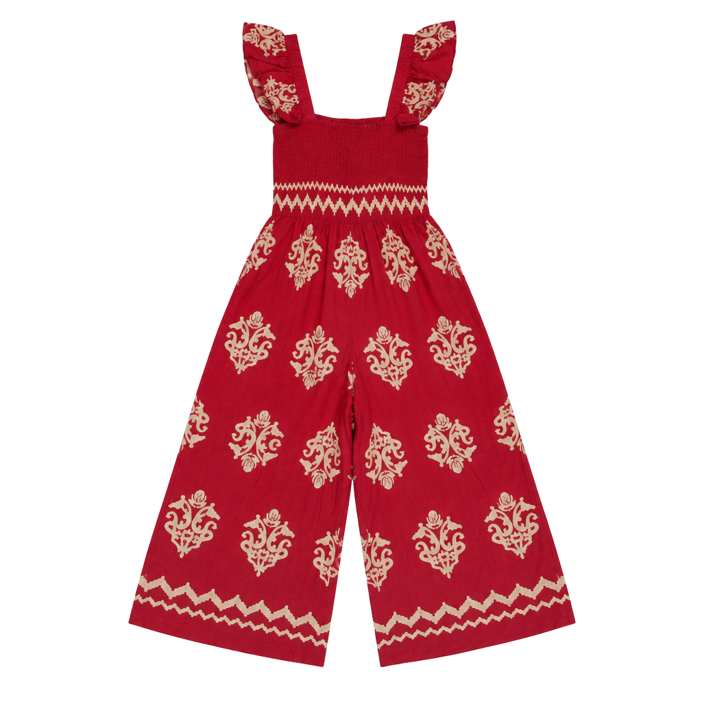 Boho Red Printed Smocked Wide Leg Jumpsuit/ 128 1