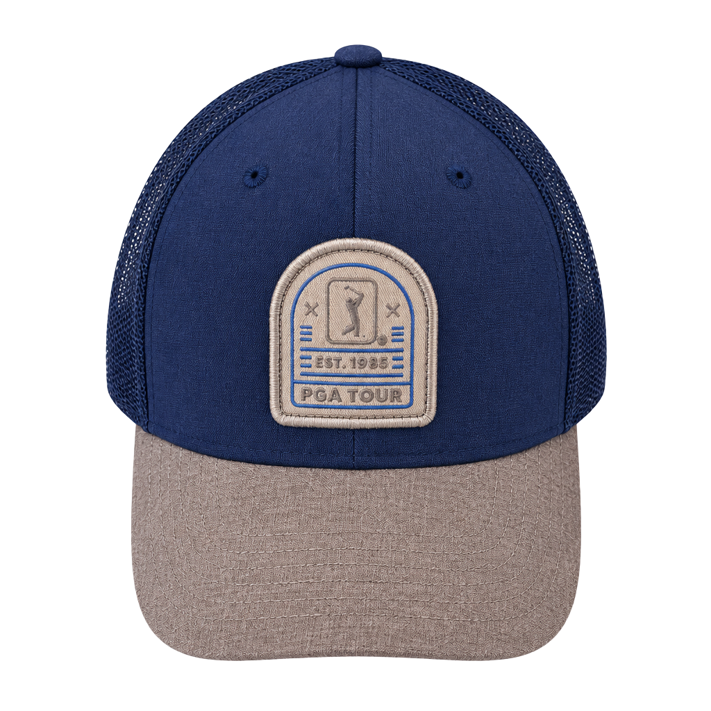 PGA Tour Trucker Hat Blue Brown Mesh Patch Est. 1968 1