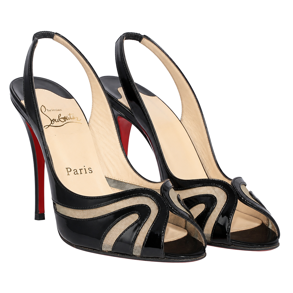 Christian Louboutin Altarita Vernice Nero Black Patent Leather Slingback Peep-Toe Pumps Size 39.5 1