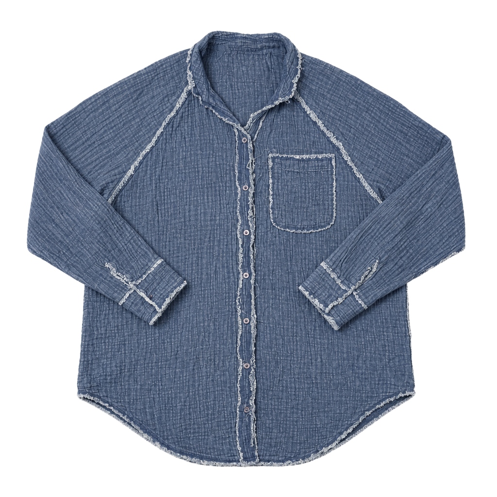 Aerie Gauzy Blue Button-Up Shirt Coverup Raw Edge Size S 1