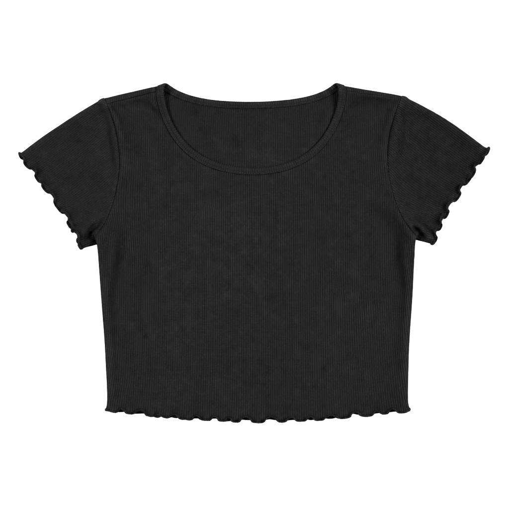 Ozzolo Black Ribbed Lettuce Hem Short Sleeve Crop Top Baby Tee Medium 1